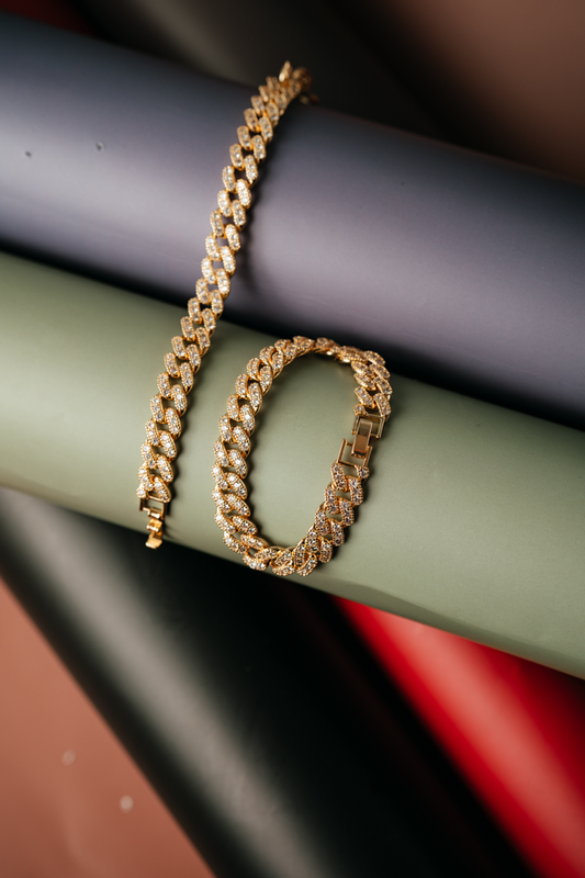 Gold Tone Cuban Link Bracelet - Pave Diamond Simulant Bling