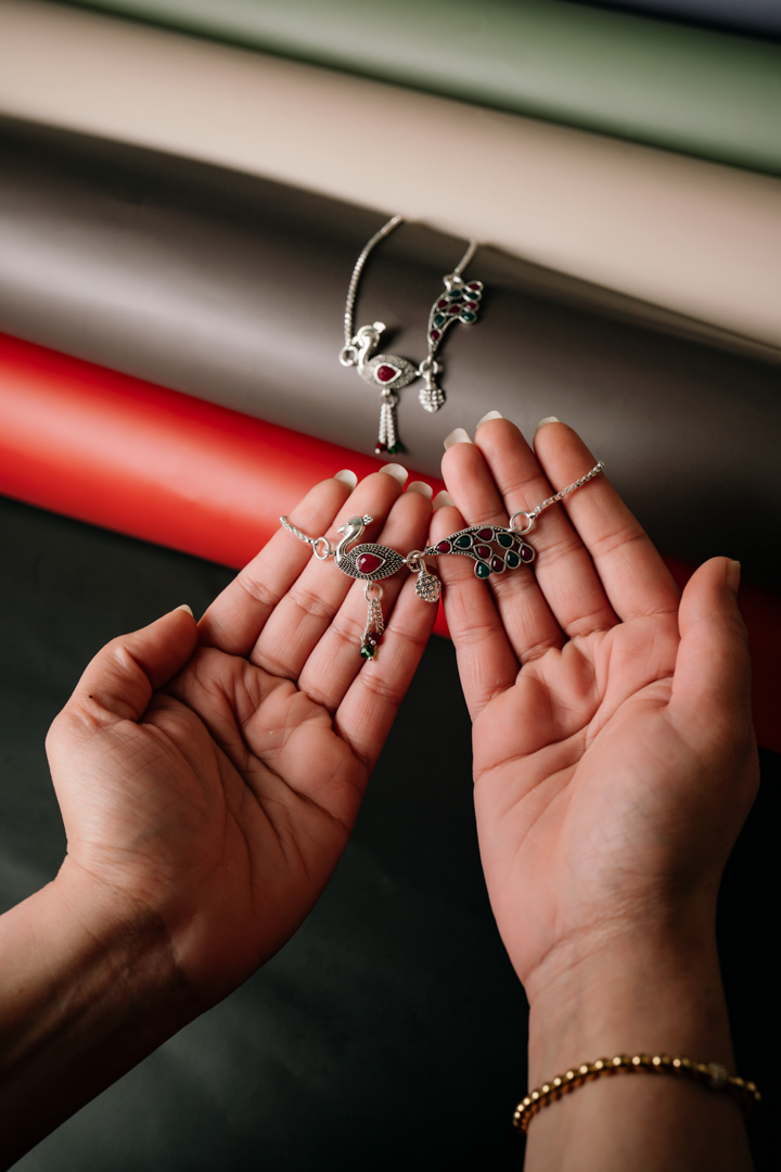 Traditional Stone-Studded Peacock Payal - Silver Plated Red Green Anklets for Women