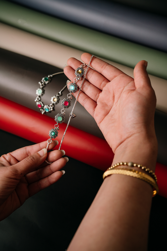 Vibrant Multi-Color Stone Flower Anklet - Silver Toned Daisy Chain Foot Jewelry