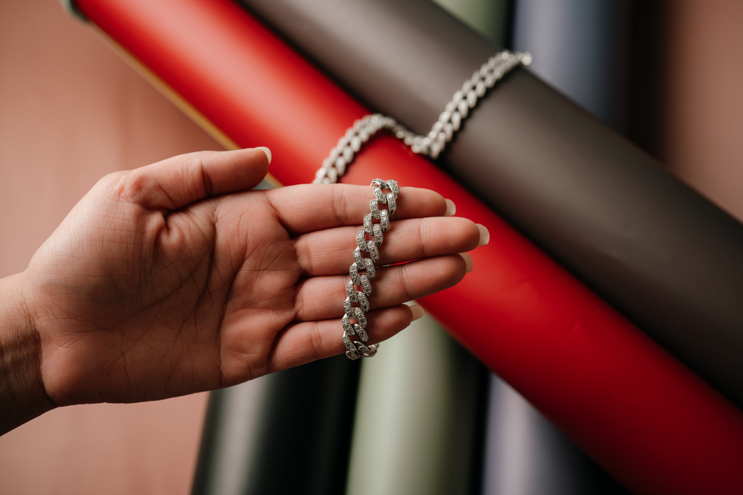 Silver Tone Cuban Link Bracelet - Pave Diamond Simulant Bling