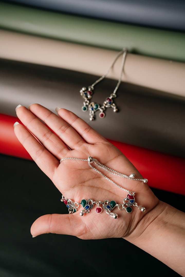 Vibrant Multi-Color Stone Flower Anklet - Silver Toned Daisy Chain Foot Jewelry