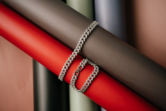 Silver Tone Cuban Link Bracelet - Pave Diamond Simulant Bling