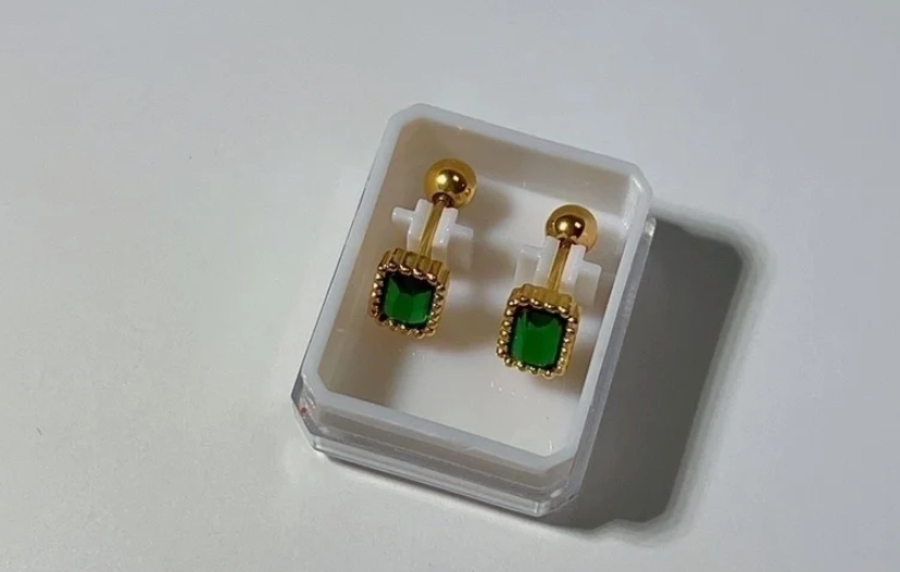 Emerald Green Gemstone Stud Earrings – Gold Barbell Unisex Minimalist Jewelry.