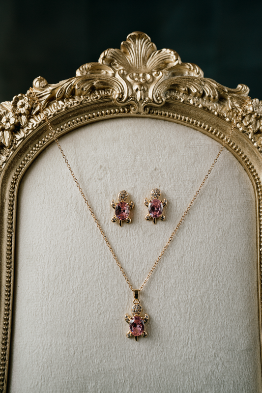 Feng Shui Pink Crystal Turtle Pendant Necklace – Gold-Plated Chain for Luck, Love & Protection.