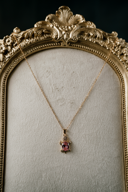 Feng Shui Pink Crystal Turtle Pendant Necklace – Gold-Plated Chain for Luck, Love & Protection.