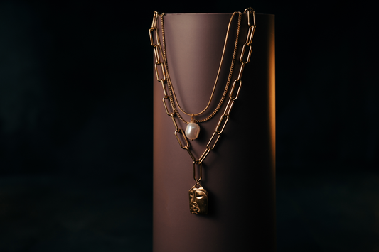 Layered Gold Chunky Chain Necklace with Abstract Face Pendant & Pearl Detail – Statement Boho Jewelry for Women.