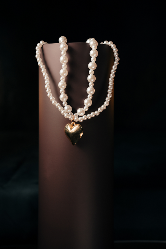 Vintage Pearl Heart Pendant Necklace – Elegant Double-Layer Faux Pearl Choker for Women,