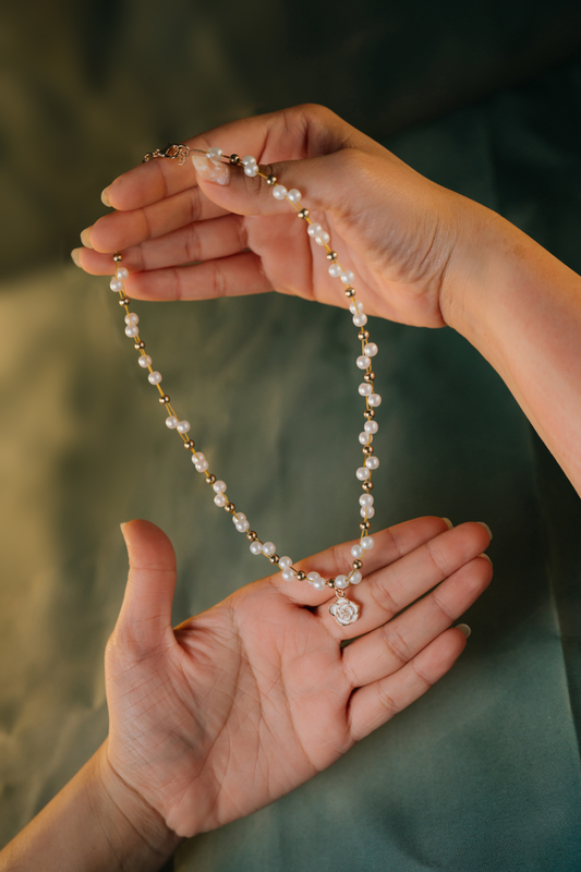 Rose Charm Pearl Necklace – Dainty Beaded Pearl with Gold Accents for Women,