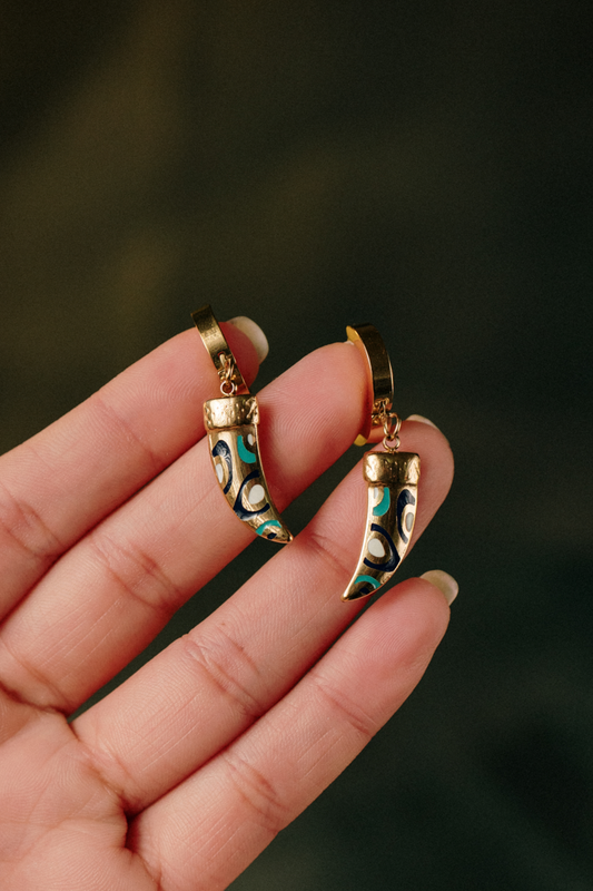 Boho Tribal Enamel Horn Dangle Earrings – Gold Plated Lucky Tusk Charm Earrings for Men & Women