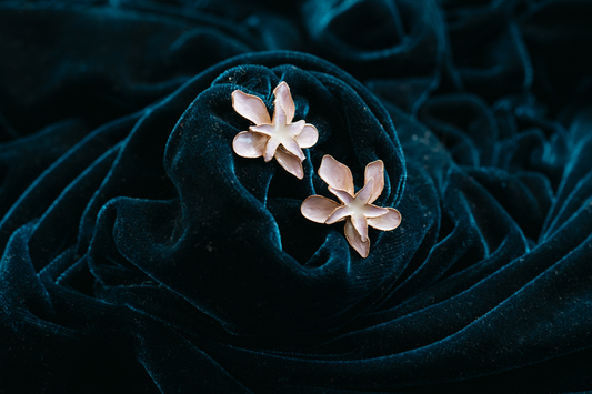 Elegant Mother of Pearl Flower Stud Earrings – Gold Trimmed Floral Statement Jewelry,