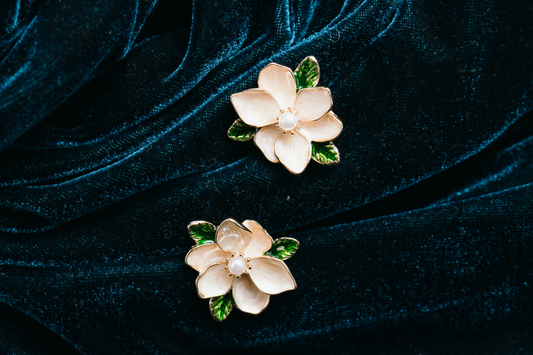 Magnolia Flower Stud Earrings with Pearl Center 
– Elegant Gold Floral Jewelry with Green Leaf Accents