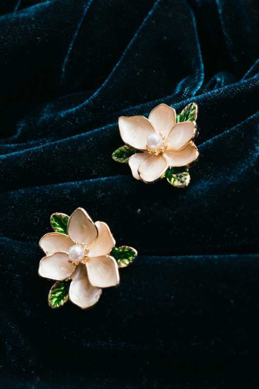 Magnolia Flower Stud Earrings with Pearl Center 
– Elegant Gold Floral Jewelry with Green Leaf Accents