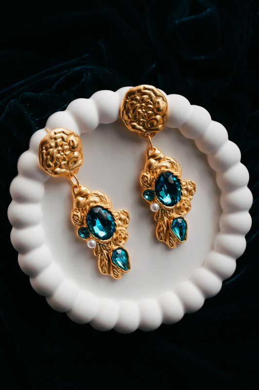 Baroque-Inspired Gold Drop Earrings with Teal Crystal & Pearl Accents – Vintage Statement Jewelry,