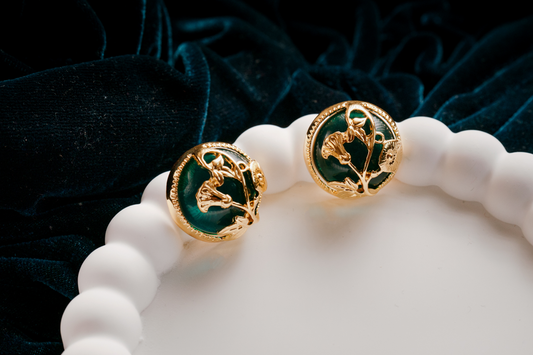 Vintage Floral Stud Earrings – Gold Botanical Round Earrings with Green Enamel Accent