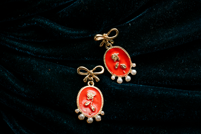 Vintage Red Oval Rose Earrings with Pearl Drops & Gold Bow – Romantic Retro Statement Jewelry,