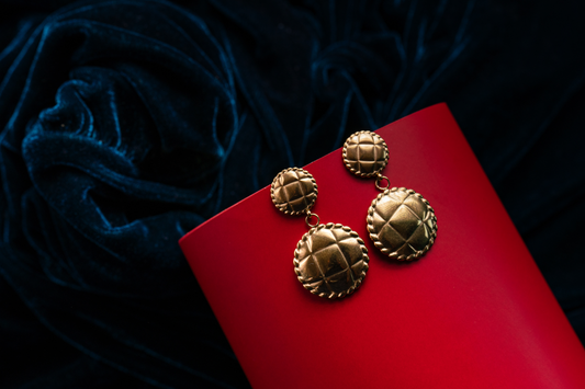 Vintage Gold-Plated Dome Drop Earrings – Textured Statement Studs for Women