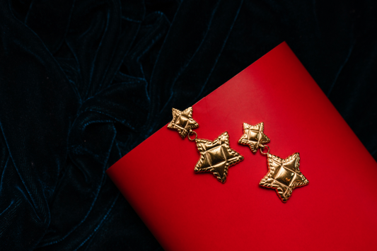 Gold Textured Star Drop Earrings – Statement Dangle Studs for Women.