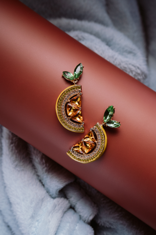 Stone Studded Citrus Slice Statement Earrings – Colorful Crystal Fruit-Inspired Jewelry for Women