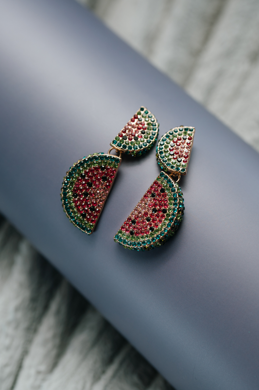 Vibrant watermelon-inspired earrings with multicolor crystals, perfect for summer style and festive flair
