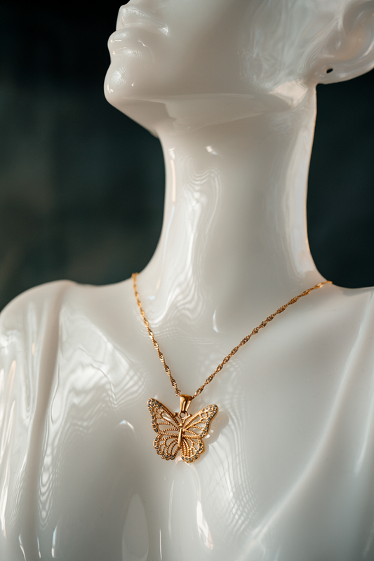 Gold-Plated Butterfly Pendant Necklace – Dainty Crystal-Studded Insect Charm for Women.