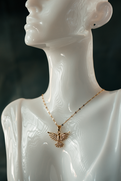 Gold-Plated Phoenix Pendant Necklace with Cubic Zirconia Crystals – Elegant Symbol of Rebirth & Strength.
