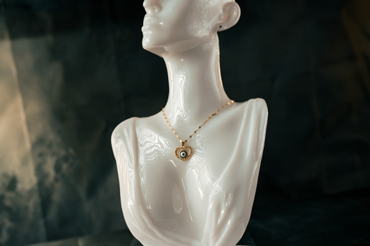 Heart-Shaped Evil Eye Necklace – Gold-Plated Protection Pendant with Blue & White Crystal Charm.