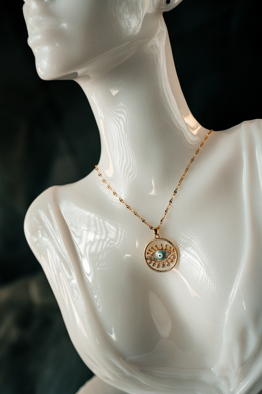 Gold-Plated Evil Eye Pendant Necklace – Protection Amulet with Blue Eye Charm & Crystal Accents.
