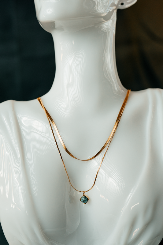 Dual Layer Gold Necklace with Turquoise Stone Pendant – Elegant Boho Statement Jewelry for Women.