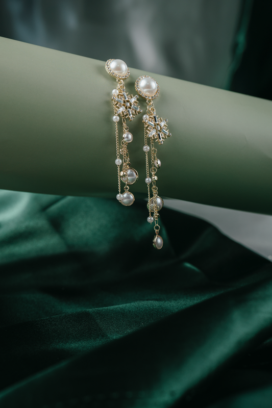 Snowflake Pearl Drop Earrings – Gold Dangle Earrings with Crystals & Chains for Women