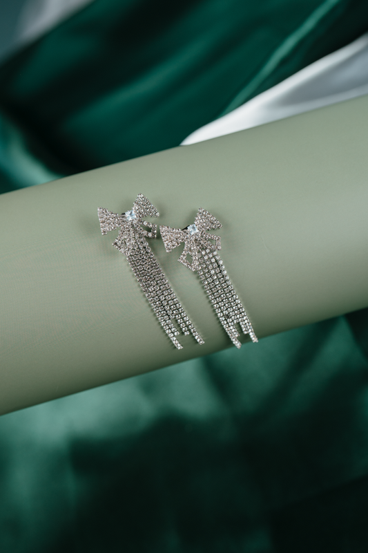 Rhinestone Bow Tassel Earrings – Glamorous Long Crystal Dangle Earrings for Women