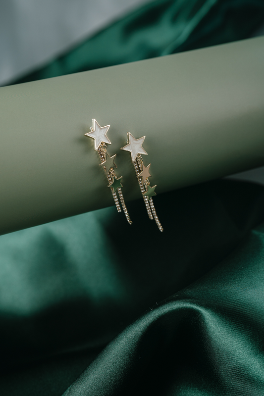 Gold Star Drop Earrings – Celestial Dangle Earrings with Crystals for Women