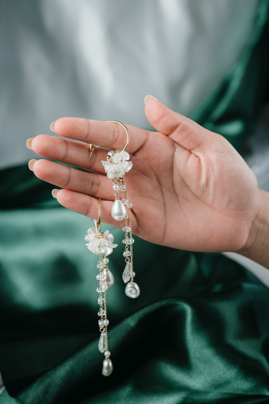 Floral Pearl Drop Earrings – Handmade Long Dangle Earrings with Crystal Beads for Women