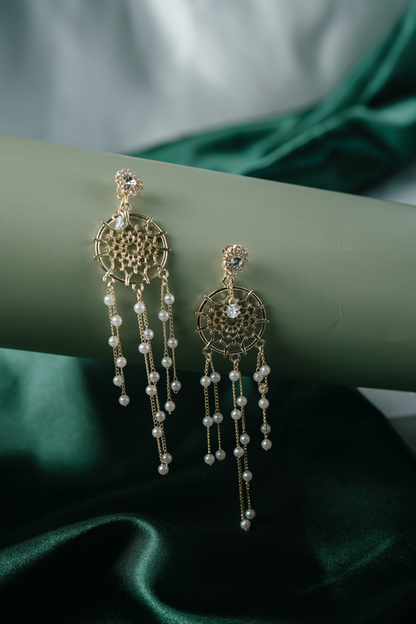 Gold Dreamcatcher Pearl Earrings – Boho Long Dangle Earrings with Crystal & Chain Fringe.