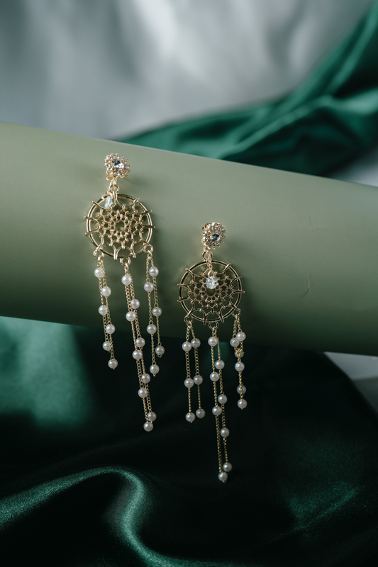 Gold Dreamcatcher Pearl Earrings – Boho Long Dangle Earrings with Crystal & Chain Fringe.