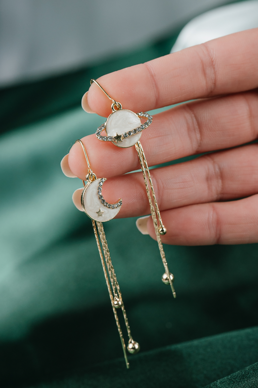 Moon & Planet Drop Earrings – Gold Celestial Dangle Earrings with Chains and Crystals,