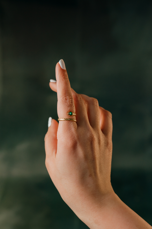 Gold Snake Ring with Green Gemstone – Adjustable Serpent Design for Women