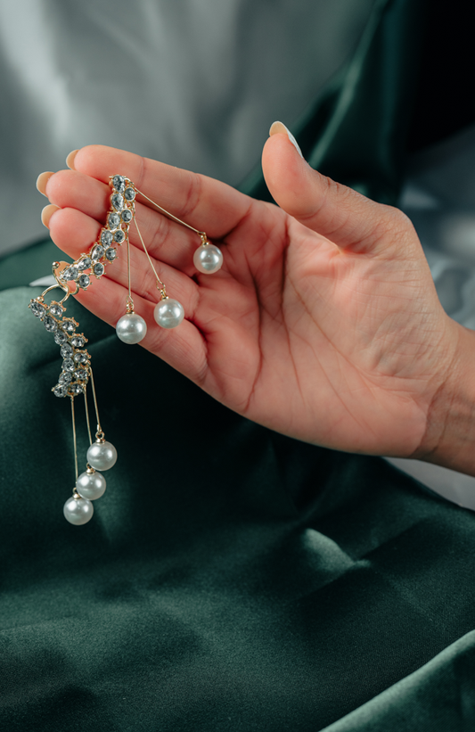Luxury Pearl & Crystal Dangle Earrings – Gold-Tone Long Drop Earrings for Women