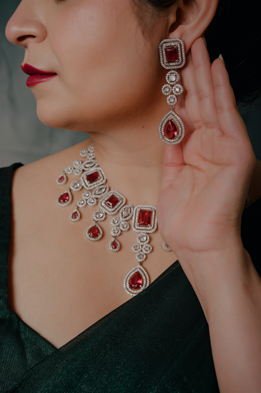 Royal Red Stone Silver Necklace Set – Designer Bridal Jewelry with Statement Earrings