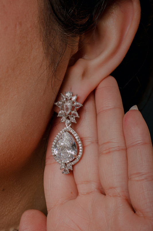 Elegant Silver Bridal Necklace Set – Double Layer Choker with Teardrop Stone Detailing