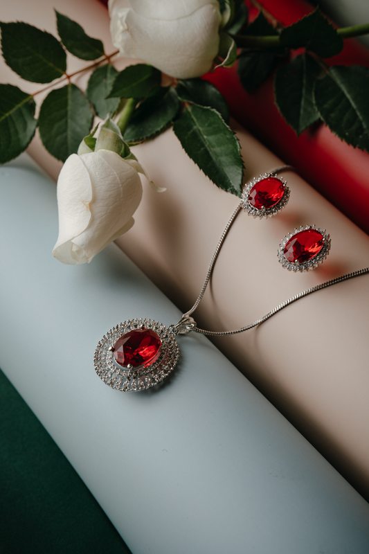 Luxury Ruby Red Stone Jewelry Set – Ring, Pendant & Earrings in Silver Finish