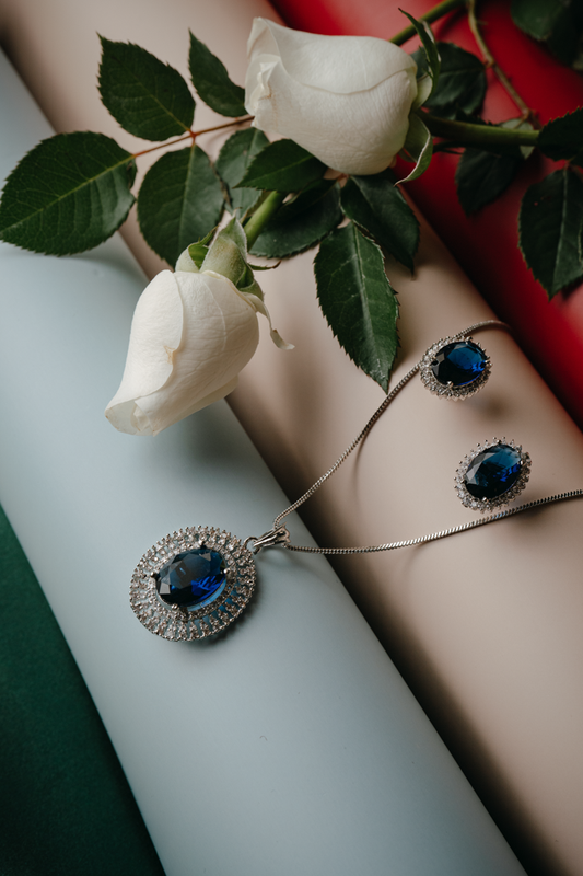 Royal Blue Sapphire-Inspired Jewelry Set | Silver-Plated Ring, Earrings & Pendant for Women