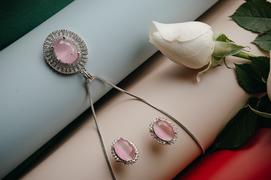 Elegant Pink Stone Pendant & Earrings Set in Silver Finish – Oval Cut Crystal Jewelry for Women
