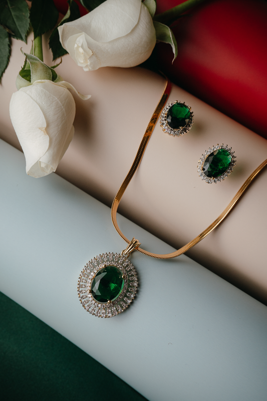 Elegant Green Stone Jewelry Set – Ring, Pendant & Earrings in Silver Finish