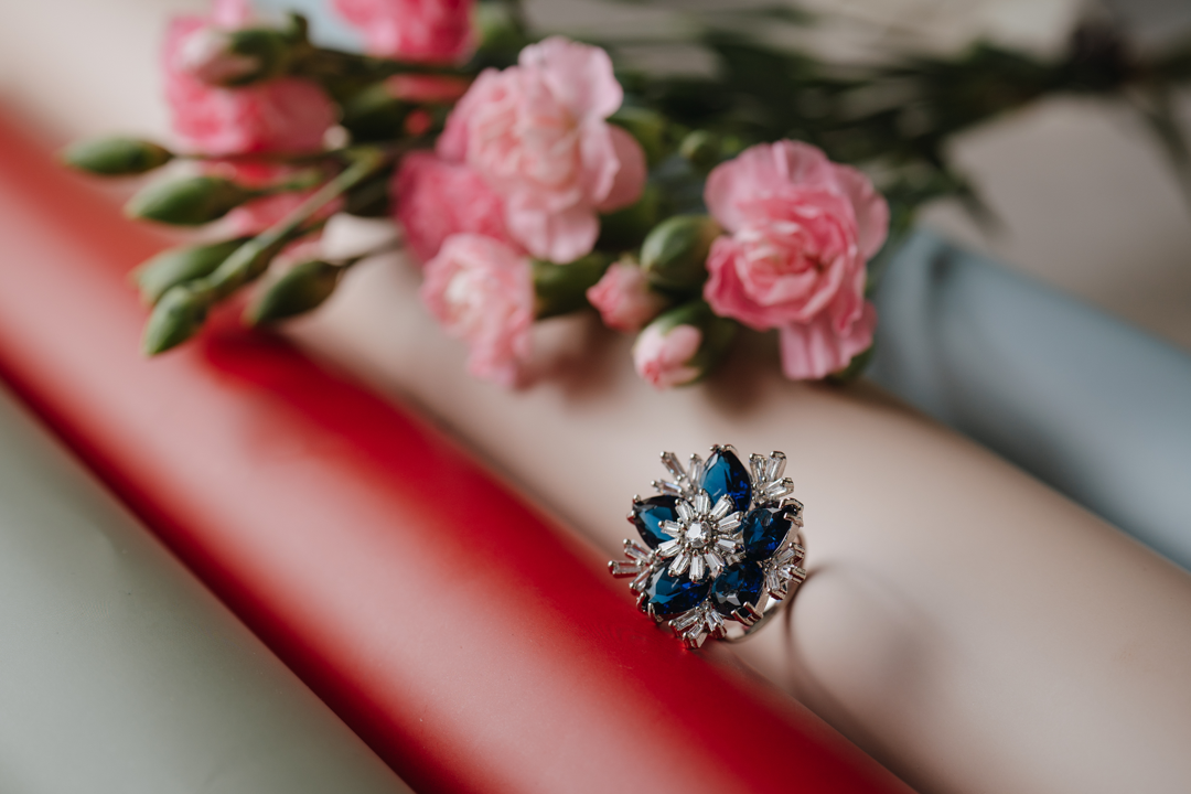 Elegant Royal Blue American Diamond Jewelry Set – Ring, Earrings & Pendant for Women
