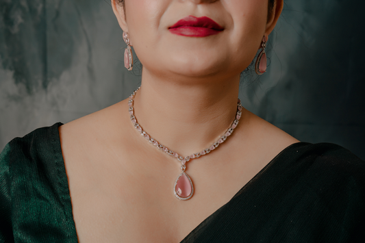 Blush Pink Teardrop Necklace Set – Delicate Stone Pendant & Earrings for Women