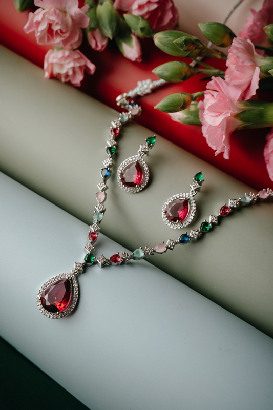 Multicolor Stone & Ruby Red American Diamond Necklace Set with Earrings – Party Wear Jewelry for Women