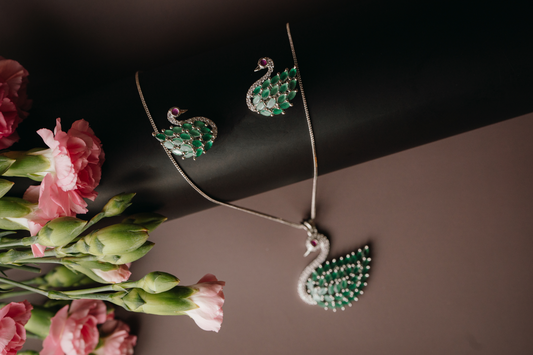 Emerald Green Peacock Pendant Set with Earrings – American Diamond Silver Finish Jewellery for Women