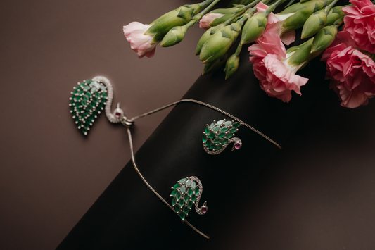 Emerald Green Peacock Pendant Set with Earrings – American Diamond Silver Finish Jewellery for Women