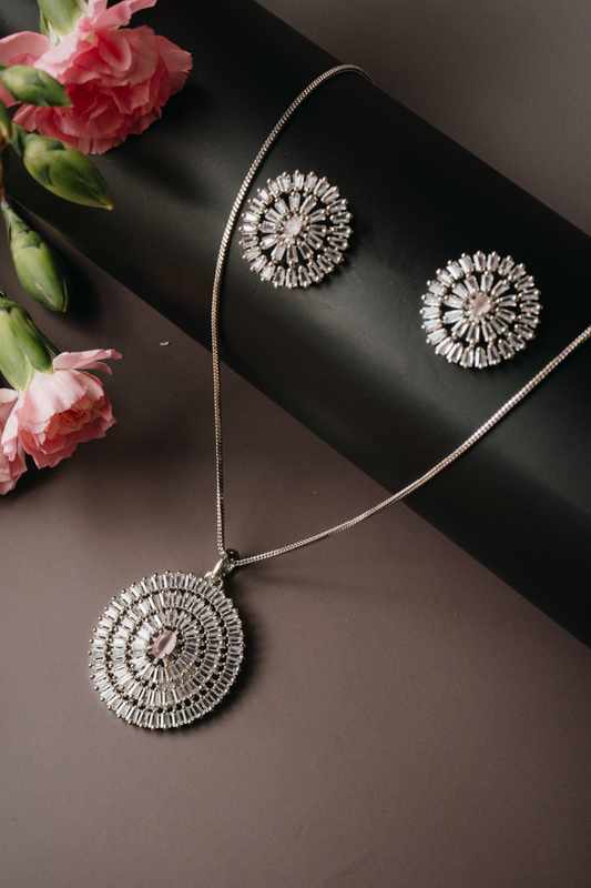 Radiant Round Pendant Set with Earrings – Silver-Tone American Diamond Jewellery for Women