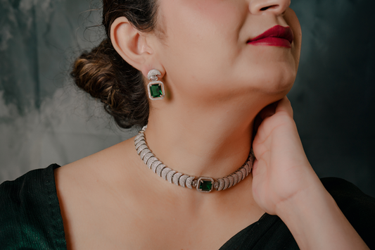 Emerald Green Stone Choker Necklace Set – Silver Finish Bridal Jewelry with Matching Earrings